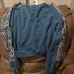 Free People Blue Sweatshirt with Patterned Sleeves